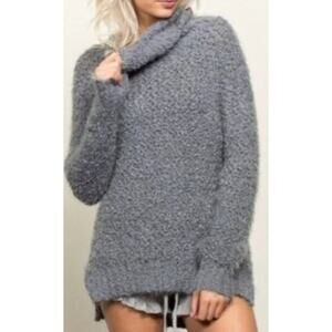 POL Gray Fuzzy Cowl Neck Sweater Small Eyelash Knit Cozy Pullover